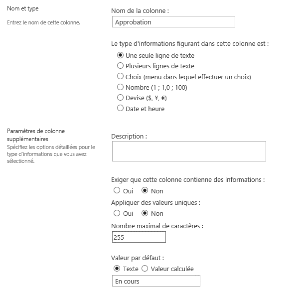 plateforme sharepoint liste colonne type texte
